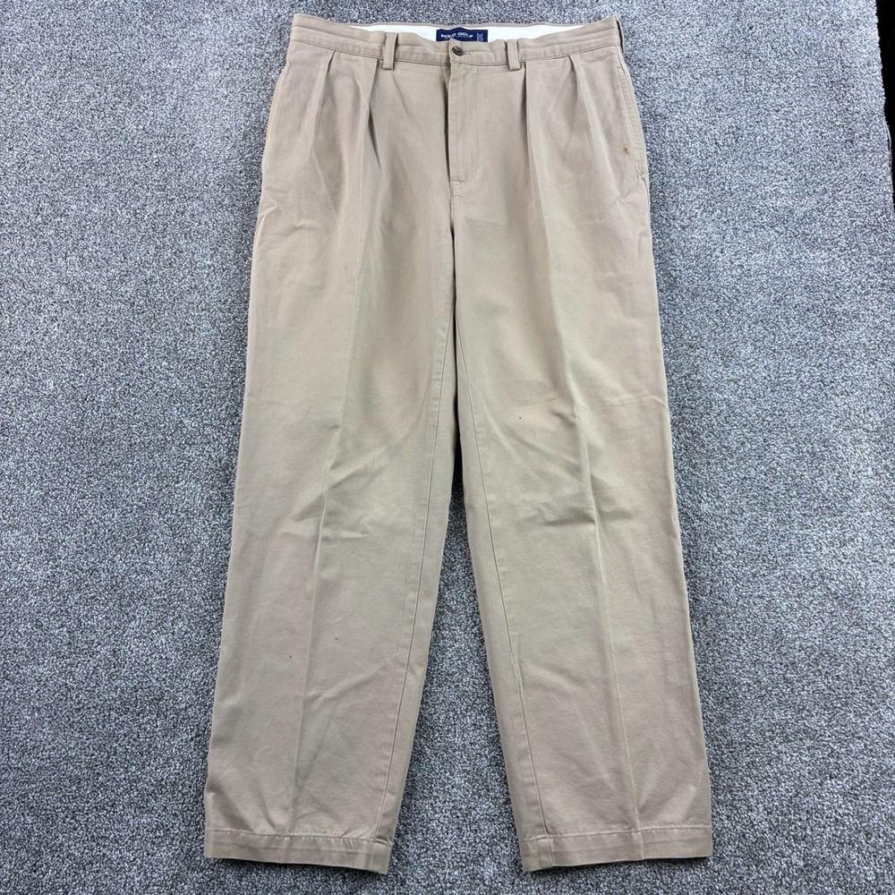Vintage Polo Ralph Lauren Golf Pants Mens 34x30 Khaki Cotton Pleated Crest Logo‎